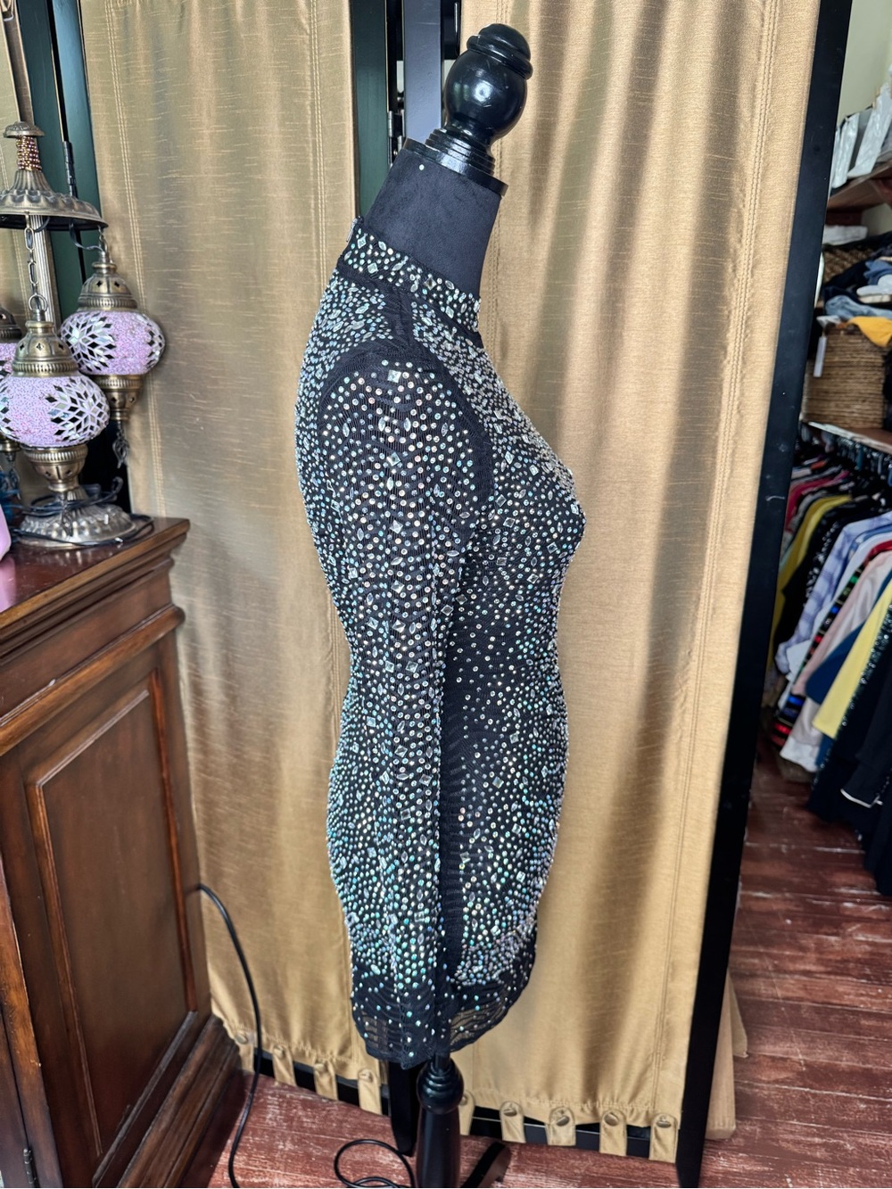 Nova Black Rhinestone Mesh Bodycon Mini Dress Size Small Party Club - Picture 5 of 9